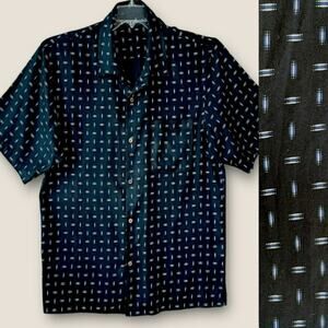 Silk Icon Mens Silk Blend Button Up Camp Shirt Casual  XL Black Geometric Print